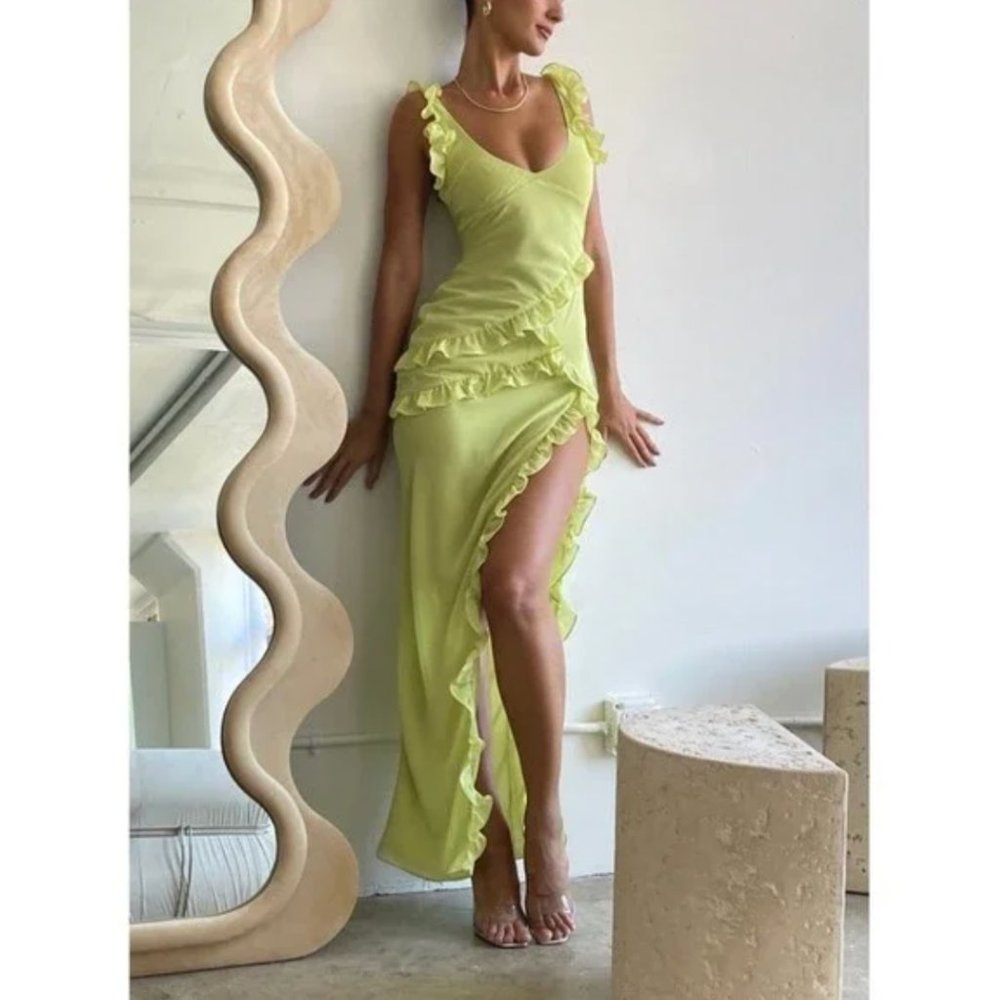 NEW House of CB Pixie Ruffle Georgette Body-Con Cocktail Dress in Lime Green